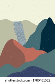 set of creative minimalist hand painted illustrations of Mid century modern. Natural abstract landscape background. mountain, forest, sea, sky, sun and river