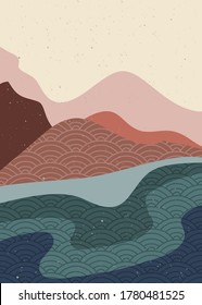 set of creative minimalist hand painted illustrations of Mid century modern. Natural abstract landscape background. mountain, forest, sea, sky, sun and river