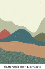 set of creative minimalist hand painted illustrations of Mid century modern. Natural abstract landscape background. mountain, forest, sea, sky, sun and river