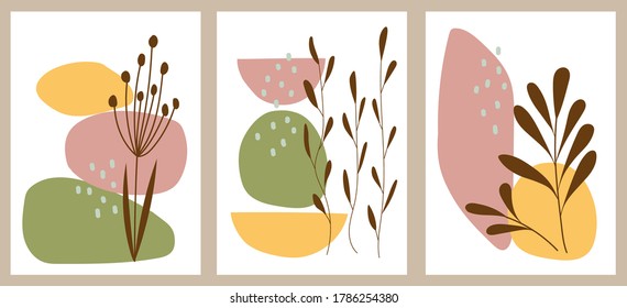 Set of creative minimalist hand painted illustrations with decorative branches and leaves and abstract color spots. For postcard, poster, poster, brochure, cover design.