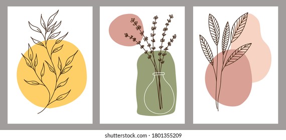 Set of creative minimalist hand painted illustrations with decorative branches, leaves and abstract color spots. For postcard, poster, poster, brochure, cover design.