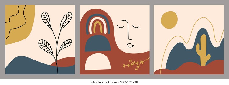 Set of creative minimalist hand painted illustrations with decorative elements and abstract color spots. For postcard, poster, poster, brochure, cover design.