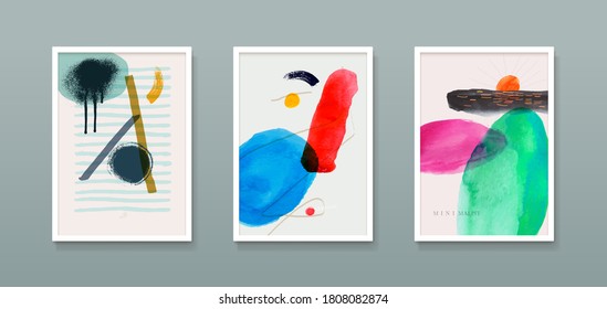 Set of creative minimalist hand painted illustrations for wall decoration, poster, print, banner, postcard or brochure cover design. Freehand drawing. Vector illustration. Isolated on grey background.