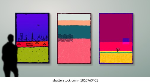 Set of creative minimalist hand painted for wall decoration, postcard or brochure cover design. Picture gallery. Free hand drawing. Vector illustration isolated on white background.