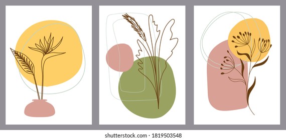 Set of creative minimalist hand painted illustrations with decorative branches, leaves and abstract color spots. For postcard, poster, social media story design.