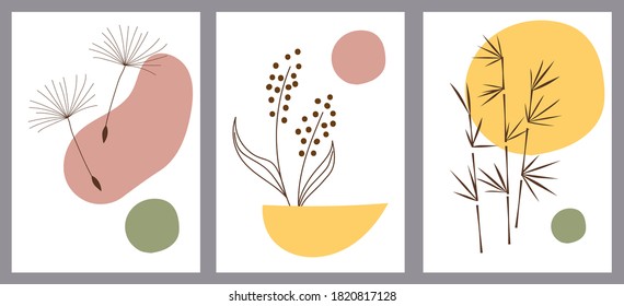 Set of creative minimalist hand painted illustrations with decorative branches, leaves and abstract color spots. For postcard, poster, social media story design.