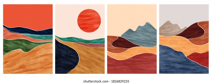 set of creative minimalist hand painted illustrations of Mid century modern. Natural abstract landscape background. mountain, sea, sky, sun and river