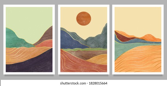 набор креативных минималистских иллюстраций ручной росписи модерна середины века. Естественный абстрактный ландшафтный фон. гора, лес, море, небо, солнце и река