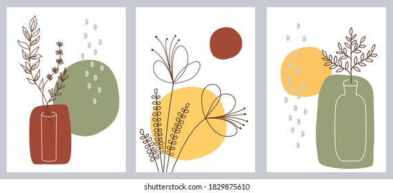 Set of creative minimalist hand painted illustrations with decorative branches, leaves and abstract flowers. For postcard, poster, social media story design.