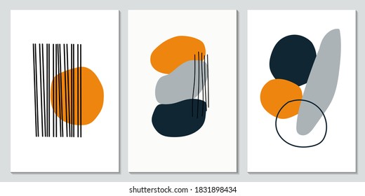 Set of creative minimalist hand painted illustrations for wall decoration, postcard, brochure cover design. Abstract art background with stain elements vector. Painting brush texture decoration