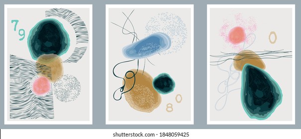 Set of creative minimalist hand painted illustrations for wall decoration, postcard or brochure cover design. Vector EPS10.