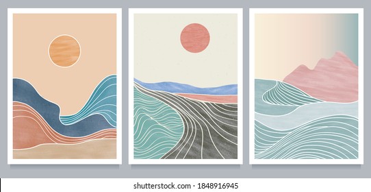 set of creative minimalist hand painted illustrations of Mid century modern. Natural abstract landscape background. mountain, forest, sea, sky, sun and river