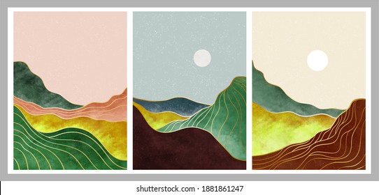 set of creative minimalist hand painted illustrations of Mid century modern. Natural abstract landscape background. mountain, forest, sea, sky, sun and river