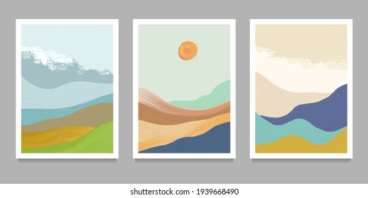 set of creative minimalist hand painted illustrations of Mid century modern. Natural abstract landscape background. mountain, forest, sea, sky, wave