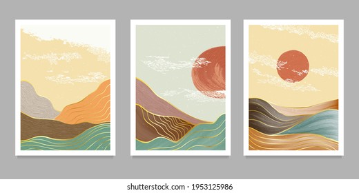 set of creative minimalist hand painted illustrations of Mid century modern. Natural abstract landscape background. mountain, forest, sea, sky, sun and river