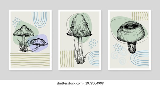 Set of creative minimalist hand painted abstract illustrations for wall decoration, poster set, postcard or brochure cover design.