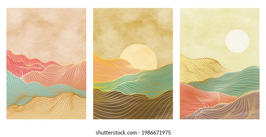 set of creative minimalist hand painted illustrations of Mid century modern. line art print. Abstract mountain contemporary aesthetic backgrounds landscapes. vector illustrations