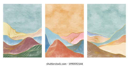 set of creative minimalist hand painted illustrations of Mid century modern. line art print. Abstract mountain contemporary aesthetic backgrounds landscapes. vector illustrations