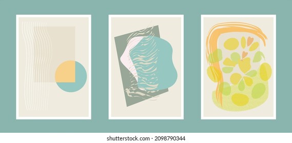 Set von kreativen minimalistischen handgemalten Illustrationen für die Wand. Drei abstrakte geometrische, moderne Wandkunst. Gelbe und graue Wanddekor. Abstrakte Geometrieformen von Wanddekorationen