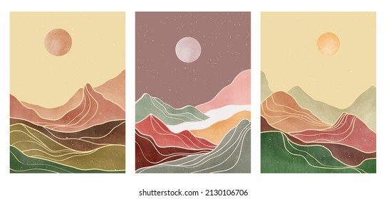 set of creative minimalist hand painted illustrations of Mid century modern. Abstract mountain contemporary aesthetic backgrounds landscapes. with mountain and line art. vector illustration