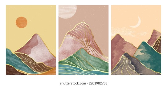 set of creative minimalist hand painted illustrations of Mid century modern. Natural abstract landscape background. mountain, forest, sky, sun and river