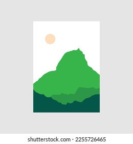conjunto de ilustraciones creativas minimalistas pintadas a mano de mediados del siglo moderno. El paisaje natural abstracto. montaña, bosque, mar, cielo, sol y río