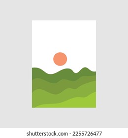 set of creative minimalist hand painted illustrations of Mid century modern. Natural abstract landscape background. mountain, forest, sea, sky, sun and river