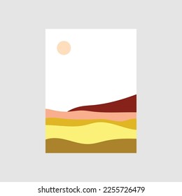 set of creative minimalist hand painted illustrations of Mid century modern. Natural abstract landscape background. mountain, forest, sea, sky, sun and river