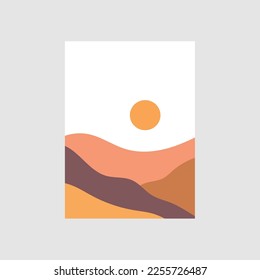 set of creative minimalist hand painted illustrations of Mid century modern. Natural abstract landscape background. mountain, forest, sea, sky, sun and river