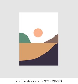 set of creative minimalist hand painted illustrations of Mid century modern. Natural abstract landscape background. mountain, forest, sea, sky, sun and river