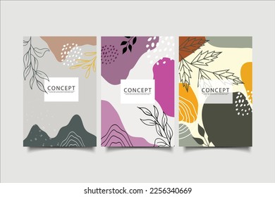 set of creative minimalist hand painted illustrations of Mid century modern. Natural abstract landscape background. mountain, forest, sea, sky, sun and river