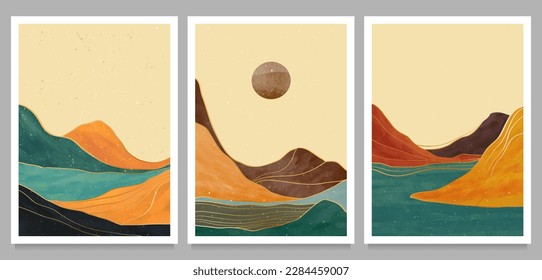 conjunto de ilustraciones creativas minimalistas pintadas a mano del arte moderno de mediados de siglo. Entorno natural abstracto. montaña, bosque, mar, cielo, sol y río