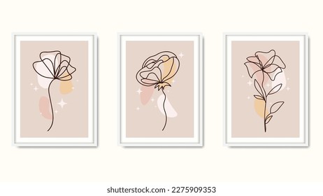 Set of creative minimalist hand-drawn illustrations floral outline pastel beige simple shape for wall decoration, postcard or brochure cover design.
