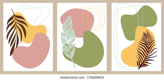 A set of creative minimalist hand-painted illustrations with tropical leaves. For postcard, poster, poster, brochure, cover design.