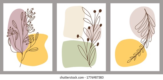 Set von kreativen minimalistischen handgemalten Illustrationen mit dekorativen Ästen und Blättern und abstrakten Farbflecken. Für Postkarten, Poster, Poster, Broschüre, Cover Design.