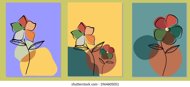 Set of creative minimalist hand-painted illustrations with decorativeflower,  branches and leaves and abstract color spots. For wall art decoration, postcard, poster, poster, brochure, cover design