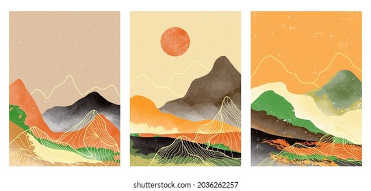 conjunto de ilustraciones minimalistas creativas pintadas a mano del arte moderno de mediados del siglo XX. Entorno natural abstracto. montaña, bosque, mar, cielo, sol y río