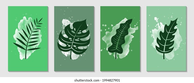 Set of creative minimalist illustration of green leaves blending with watercolor for wall decoration, poster or postcard
