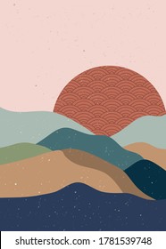 set of creative minimalist illustrations of Mid century modern. Natural abstract landscape background. mountain, forest, sea, sky, sun and river