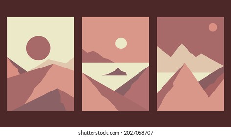A set of creative minimalist landscape illustrations. Abstract landscape background. mountains, sea, sky, sun and moon. Pastel colors.