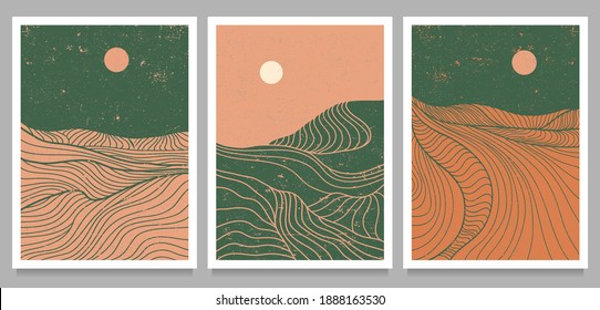 set of creative minimalist modern line art print. Abstract mountain contemporary aesthetic backgrounds landscapes. with mountain, forest, sea, skyline, wave. vector illustrations