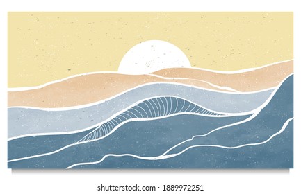 set of creative minimalist modern line art print. Abstract ocean wave contemporary aesthetic backgrounds landscapes. with sea, skyline, wave. vector illustrations