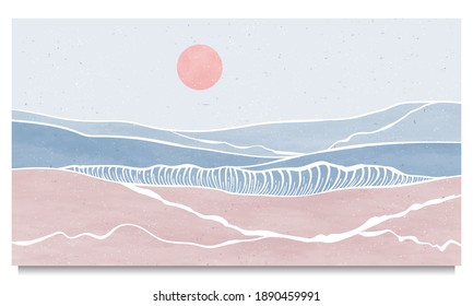 набор креативного минималистичного современного линейного искусства печати. Абстрактные океанские волны современные эстетические фоны пейзажи. с морем, горизонтом, волной. векторные иллюстрации