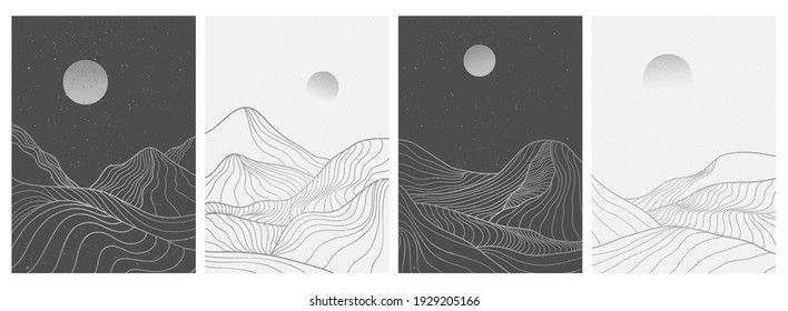 Set Of Creative Minimalist Modern Line Art Print. Abstract Mountain Contemporary Aesthetic Backgrounds Landscapes. With Mountain, Forest, Sea, Skyline, Wave. Vector Illustrations