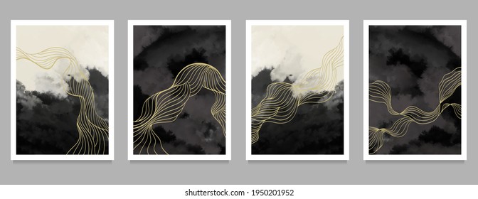 set of creative minimalist modern line art pattern.  Luxury abstract backgrounds landscapes hand painted. skyline, wave and ocean object. vector illustrations