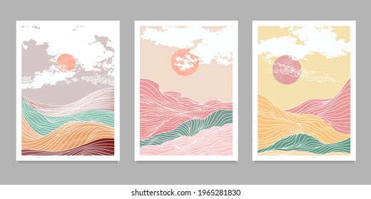 set of creative minimalist modern line wave pattern vector art print. Abstract mountain contemporary aesthetic backgrounds landscapes. with mountain, forest, sea, skyline, wave. vector illustrations