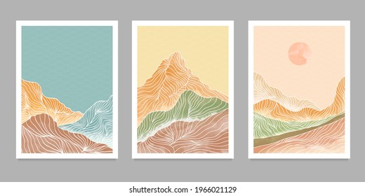 set of creative minimalist modern line wave pattern vector art print. Abstract mountain contemporary aesthetic backgrounds landscapes. with mountain, forest, sea, skyline, wave. vector illustrations