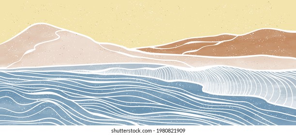 set of creative minimalist modern line art print. Abstract ocean wave and mountain contemporary aesthetic backgrounds landscapes. with sea, skyline, wave. vector illustrations