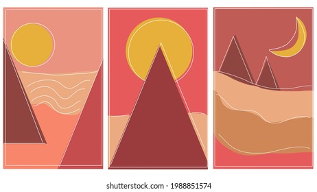 set of creative minimalist modern line art print. Geometric landscape banners with hills, rivers and lakes, minimalist nature scenes.