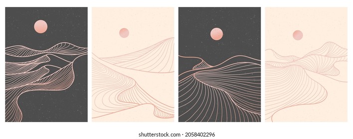 set of creative minimalist modern line art print. Abstract mountain contemporary aesthetic backgrounds landscapes. with mountain, desert, sea, skyline, wave. vector illustrations